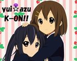  artist_request black_hair black_jacket blazer blueberry blush brown_eyes brown_hair food fruit hair_between_eyes hair_ornament hairclip hand_on_another's_head hirasawa_yui hug jacket k-on! leaf long_sleeves looking_at_viewer multiple_girls nakano_azusa red_eyes reflective_eyes school_uniform short_hair strawberry striped striped_background tareme twintails upper_body vertical-striped_background vertical_stripes 