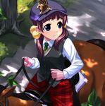  arcana_heart artist_request blue_eyes brown_hair checkered cropped dappled_sunlight eyebrows fiona_mayfield gloves hair_bobbles hair_ornament hat horse horseback_riding long_hair necktie official_art pants riding saddle shade shirt sleeveless solo squirrel sunlight twintails v-neck 