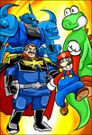  2boys black_hair blue_eyes brown_hair crossover emakisa facial_hair gouf gundam hat male_focus mario mario_(series) mobile_suit_gundam multiple_boys mustache nintendo parody ramba_ral smile super_mario_bros. tail yoshi 