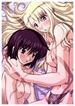  artist_request bed blonde_hair blue_eyes blush breasts brown_hair large_breasts long_hair mireille_bouquet nipples noir nude panties panty_rub red_eyes short_hair side-tie_panties small_breasts surprised underwear yuri yuumura_kirika 