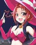  :d alternate_costume breasts bridal_gauntlets brown_eyes flower halloween happy hat jack-o'-lantern matsushima_kei medium_breasts midriff natsuki_rin night open_mouth pink_flower pink_rose precure pumpkin red_hair rose short_hair smile solo trick_or_treat very_short_hair witch_hat yes!_precure_5 