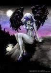  asatru blue_hair breasts demon female hair hooves horn moon nude sitting solo wings 