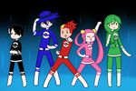  3girls baku_(pokemon) black-and-friends black_hair blue_hair blush bow braid chibi gen_(pokemon) green_hair hair_ornament hat jumpsuit long_hair mai_(pokemon) md5_mismatch miru_(pokemon) momi_(pokemon) multicolored_hair multiple_boys multiple_girls o_o parody pink_hair poke_ball poke_ball_theme pokemon pokemon_(game) pokemon_dppt ponytail pose red_hair sentai short_hair 