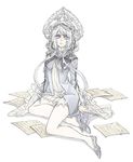  genderswap genderswap_(mtf) grey_hair grimoire_weiss hat long_hair long_sleeves nier nier_(series) pantyhose paper personification purple_eyes ringlets shinzui_(fantasysky7) sidelocks sitting solo very_long_hair white_legwear 