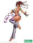  1girl ass bare_shoulders barefoot brazil brazilian breasts brown_hair capoeira christie_monteiro dark_skin fingerless_gloves gloves lips lipstick long_hair makeup simple_background smile solo tekken thighs yamashita_shun'ya yamashita_shunyacapoeira 