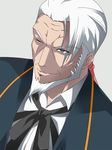  arc_system_works blazblue blue_eyes butler buttler male male_focus ribbon smile valkenhayn_r_hellsing white_hair wink 