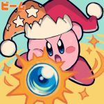  &gt;:o attacking_viewer blue_background blush_stickers copy_ability enotou_(enotou_moi) glowing glowing_weapon hat jester_cap kirby kirby_(series) nintendo open_mouth simple_background solo sparks wand weapon 