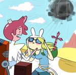  adventure_time backpack black_hole blonde_hair bubble bubblegum_hair cake_the_cat calculator cloud clouds crown cube eyewear female fionna fionna_the_human glasses hair male mountain nerd plain plain_background prince_gumball sword weapon what_has_science_done what_have_you_done 