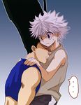  ... 2boys black_hair blue_eyes eyes_closed gon_freecss gradient gradient_background hunter_x_hunter killua_zoldyck leaning_on_person long_hair male male_focus multiple_boys shaded_face shirt short_hair silver_hair sleeveless sleeveless_shirt sweatdrop wide-eyed 