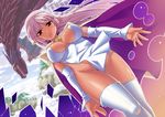  arcana_heart bottomless breasts cape cleavage dark_skin dress elf large_breasts legs long_hair no_panties ono_misao parace_l'sia pink_hair pointy_ears solo thighhighs thighs white_legwear 