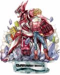  barnaby_brooks_jr belt blonde_hair boots denim dual_persona glasses green_eyes hand_on_hip ina_(gonsora) jacket jeans looking_back male_focus multiple_boys pants power_armor power_suit red_jacket rock superhero tiger_&amp;_bunny 