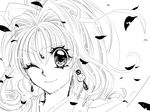  bad_id bad_pixiv_id curly_hair earrings eyelashes face greyscale hair_ribbon jewelry kaitou_jeanne kamikaze_kaitou_jeanne kazari_tayu kusakabe_maron looking_at_viewer monochrome official_style one_eye_closed petals ponytail ribbon smile solo 