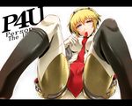  aegis_(persona) android blonde_hair blue_eyes cameltoe mouth_hold necktie persona persona_3 persona_4:_the_ultimate_in_mayonaka_arena robot segami_daisuke short_hair solo spread_legs thighhighs thighhighs_pull 