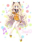  animal_ears bad_id bad_pixiv_id bare_shoulders blonde_hair blue_eyes bow bracelet cat_ears headset jewelry long_hair microphone musical_note ratise seeu shoes skirt smile solo thighhighs very_long_hair vocaloid white_legwear zettai_ryouiki 