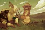  anthro basket blush book canine cloud clouds cub eyes_closed female field fox grass hair kunugi lagomorph male mammal rabbit reading sitting tree white_hair wood young 