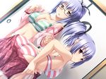  blue_hair bra game_cg kudo_hinano kudo_nono mirai_nostalgia open_shirt panties purple_eyes purple_software siki striped_panties underwear undressing 