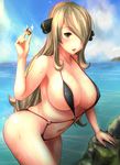  anekdoten bare_shoulders blonde_hair blush breasts cleavage cloud collarbone day hair_over_one_eye large_breasts long_hair navel ocean pokemon pokemon_(game) pokemon_dppt shirona_(pokemon) sky slingshot_swimsuit solo swimsuit wet 