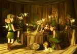  4girls boots bottle dress fado_(ocarina_of_time) fairy food green_eyes headband hirumae kokiri link mido mido_(ocarina_of_time) multiple_boys multiple_girls pen pointy_ears poster_(object) saria skirt the_legend_of_zelda the_legend_of_zelda:_ocarina_of_time tunic young_link 