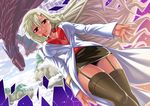  arcana_heart black_legwear blonde_hair blouse blush breasts coat dragon garter_belt glasses hair_ornament hairclip jewelry labcoat large_breasts legs lipstick long_hair makeup miniskirt necklace nurse ono_misao parace_l'sia pencil_skirt red_eyes skirt solo thighhighs thighs wind 