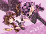  black_wings brown_hair cellphone checkered checkered_skirt geta hat himekaidou_hatate necktie phone purple_eyes skirt solo thighhighs tokin_hat touhou twintails windart wings 