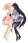  akemi_homura animal_ears black_hair cat_ears cat_tail closed_eyes hairband heart heart_tail heart_tail_duo highres holding_hands imminent_kiss kakizato kaname_madoka kemonomimi_mode long_hair magical_girl mahou_shoujo_madoka_magica multiple_girls pantyhose pink_hair short_hair simple_background tail twintails yuri 