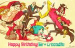  6+boys bandana beard black_hair blonde_hair character_name cigar closed_eyes cowboy cowboy_hat cross crown daz_bones donquixote_doflamingo dracule_mihawk edward_newgate emporio_ivankov facial_hair fishnet_legwear fishnets formal grin happy_birthday hat hook_hand jewelry monkey_d_luffy multiple_boys mustache necklace nico_robin one_piece scar sir_crocodile smile straw_hat suit sunglasses tetsu_(crown19) thighhighs western 