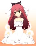  bad_id bad_pixiv_id bare_shoulders blush bow bridal_veil crossed_arms dress elbow_gloves gloves hair_bow highres long_hair mahou_shoujo_madoka_magica red_eyes red_hair sakura_kyouko smile solo veil wedding_dress zen_o 