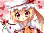  animal_ears ascot blonde_hair blush cat_ears cat_tail chibi dress flandre_scarlet hane. hat hat_with_ears heart heart-shaped_pupils kemonomimi_mode open_mouth red_dress red_eyes ribbon shirt side_ponytail solo symbol-shaped_pupils tail tail_ribbon touhou wings 