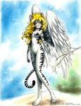  angel blonde_hair feline female green_eyes hair mammal nude solo standing tiger white_tiger wings zephyr 