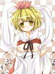  ayase_miko blonde_hair blush breast_hold breasts crossed_arms hair_ornament medium_breasts nipples shawl shirt_lift short_hair solo toramaru_shou toranoana touhou upper_body yellow_eyes 