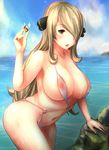  anekdoten bare_shoulders blonde_hair blush breasts cleavage cloud collarbone curvy day hair_over_one_eye large_breasts long_hair navel nipples ocean pokemon pokemon_(game) pokemon_dppt see-through shirona_(pokemon) sky slingshot_swimsuit solo swimsuit wet 