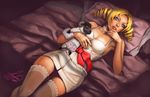  bare_shoulders blonde_hair blue_eyes breasts catherine catherine_(game) choker cleavage dress drill_hair lingerie medium_breasts siya_oum solo stuffed_animal stuffed_toy twin_drills twintails underwear 