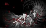  alice_(pandora_hearts) barefoot black dress flowers long_hair pandora_hearts petals polychromatic ribbons watermark 