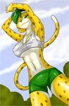  breasts cheetah cloud feline female green_eyes green_hair hair leopard long_tail looking_at_viewer mammal one_eye_closed solo spots tail unknown_artist wink zakumi 