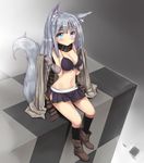  animal_ears bad_id bad_pixiv_id bikini_top black_legwear blue_eyes boots breasts checkered cleavage fox_ears gloves grey_hair kneehighs long_hair masamuuu medium_breasts midriff multicolored multicolored_eyes original scarf sitting skirt socks solo striped striped_scarf tail 