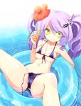  afloat aqua_background bare_shoulders between_breasts bikini blue_background blush breasts bursting_breasts cameltoe chandelure cleavage collarbone covered_nipples cup day dot_nose drink drinking_straw eyeliner flower food front-tie_top fruit gen_5_pokemon glass green_eyes hair_between_eyes hair_flower hair_ornament hairclip hibiscus highres holding homura_subaru innertube lemon lemon_slice lens_flare long_hair looking_at_viewer lying makeup medium_breasts micro_bikini mouth_hold navel orange_juice outdoors partially_visible_vulva personification pokemon purple_bikini purple_hair resting side-tie_bikini sideboob sidelocks skindentation smile solo spread_legs swimsuit thighs twintails underboob untied untied_bikini water 
