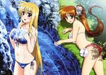  2girls bikini blonde_hair brown_hair fate_testarossa long_hair mahou_shoujo_lyrical_nanoha mahou_shoujo_lyrical_nanoha_strikers okuda_yasuhiro swimsuit takamachi_nanoha 