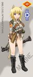  animal_ears bad_id bad_pixiv_id belt blonde_hair blue_eyes boots breasts camouflage_jacket cat_ears cat_tail character_name choco-chip_(camouflage) cleavage commentary dakku_(ogitsune) emblem explosive fang freckles full_body grenade gun handgun holster holstered_weapon large_breasts panties pistol revolver rocket_launcher rpg rpg-7 short_hair sleeves_rolled_up solo standing strike_witches_1991 tail underwear uniform waist_buckle weapon white_panties world_witches_series 