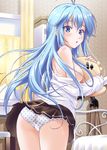  ahoge antenna_hair bare_legs bare_shoulders blue_eyes blue_hair breasts denpa_onna_to_seishun_otoko long_hair medium_breasts mizuki_haruto no_bra panties polka_dot polka_dot_panties school_uniform sideboob solo touwa_erio underwear white_panties 