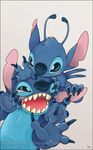  4_toes alien black_eyes black_sclera blue blue_eyes blue_fur blush cute duo fawnbaby fur lilo_and_stitch notched_ear open_mouth plain_background simple_background stitch teeth tongue white_background 