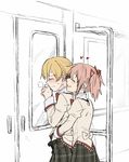  against_glass blonde_hair blush chijo closed_eyes female_pervert hand_under_clothes hug hug_from_behind kaname_madoka mahou_shoujo_madoka_magica molestation multiple_girls pervert pink_hair school_uniform short_hair smile tomoe_mami torinone train_interior twintails yuri 