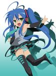  :3 absurdres ahoge armpits blue_hair cosplay detached_sleeves green_hair hatsune_miku hatsune_miku_(cosplay) headphones headset highres izumi_konata kotobuki_hajime lineart long_hair looking_back lucky_star mole necktie open_mouth outstretched_arms outstretched_hand panties pantyshot photoshop smile solo spread_arms standing_on_one_leg stiky_finkaz thighhighs twintails underwear upskirt vector_trace vocaloid 