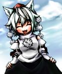  :d animal_ears closed_eyes detached_sleeves fang hat inubashiri_momiji open_mouth skirt skirt_hold smile solo tanayuma tokin_hat touhou wolf_ears 