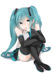  aqua_eyes aqua_hair boots crossed_legs detached_sleeves hatsune_miku highres long_hair momoiro_oji necktie panties pantyshot pantyshot_(sitting) sitting skirt solo striped striped_panties thigh_boots thighhighs twintails underwear very_long_hair vocaloid 