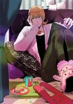  alternate_hairstyle animal_slippers bad_id bad_pixiv_id barnaby_brooks_jr blonde_hair book bunny_slippers cake crossed_legs cup food glasses green_eyes jacket male_focus nekotachoko pillow sitting slippers solo stuffed_animal stuffed_bunny stuffed_toy tiger_&amp;_bunny 