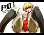  aegis_(persona) android blindfold blonde_hair hairband mouth_hold necktie persona persona_3 persona_4:_the_ultimate_in_mayonaka_arena segami_daisuke short_hair solo spread_legs thighhighs thighhighs_pull 