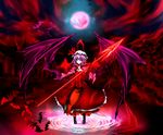  absurdres acryl bat bat_wings capelet dress floral_print forest full_moon hat hat_ribbon highres jewelry magic_circle moon nature necklace night purple_hair red_dress red_eyes remilia_scarlet ribbon scarlet_devil_mansion smile solo spear_the_gungnir too_many too_many_bats touhou wings 