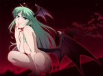  bat bat_wings breasts demon_girl green_eyes green_hair hanging_breasts hayashi_custom head_wings large_breasts long_hair low_wings morrigan_aensland naughty_face nipples nude purple_wings smile solo squatting succubus too_many too_many_bats vampire_(game) wings 