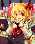  blonde_hair blush box fang gift gift_box hair_ribbon mary_janes murani open_mouth pillow red_eyes red_footwear ribbon rumia shirt shoes short_hair skirt skirt_set solo touhou vest 