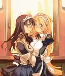  apron blonde_hair blue_eyes blush brown_eyes brown_hair glasses hug long_hair looking_at_viewer maid maid_headdress multiple_girls original smile sweatdrop very_long_hair zama_masaaki 